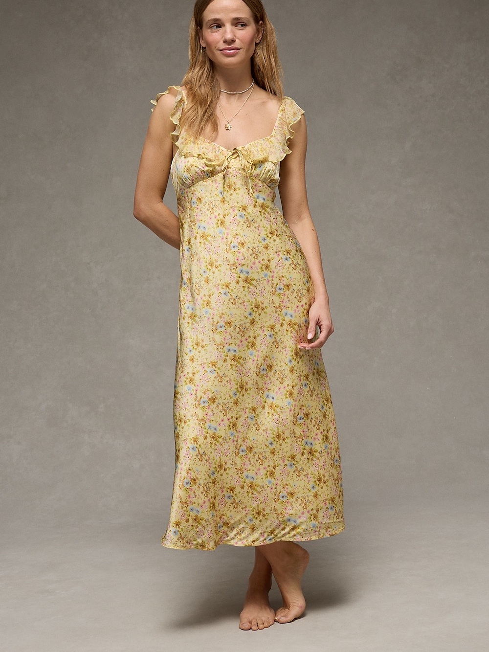 NEW Gold Silk Ruffle Strap Midi Dress AE American Eagle Yellow Floral S